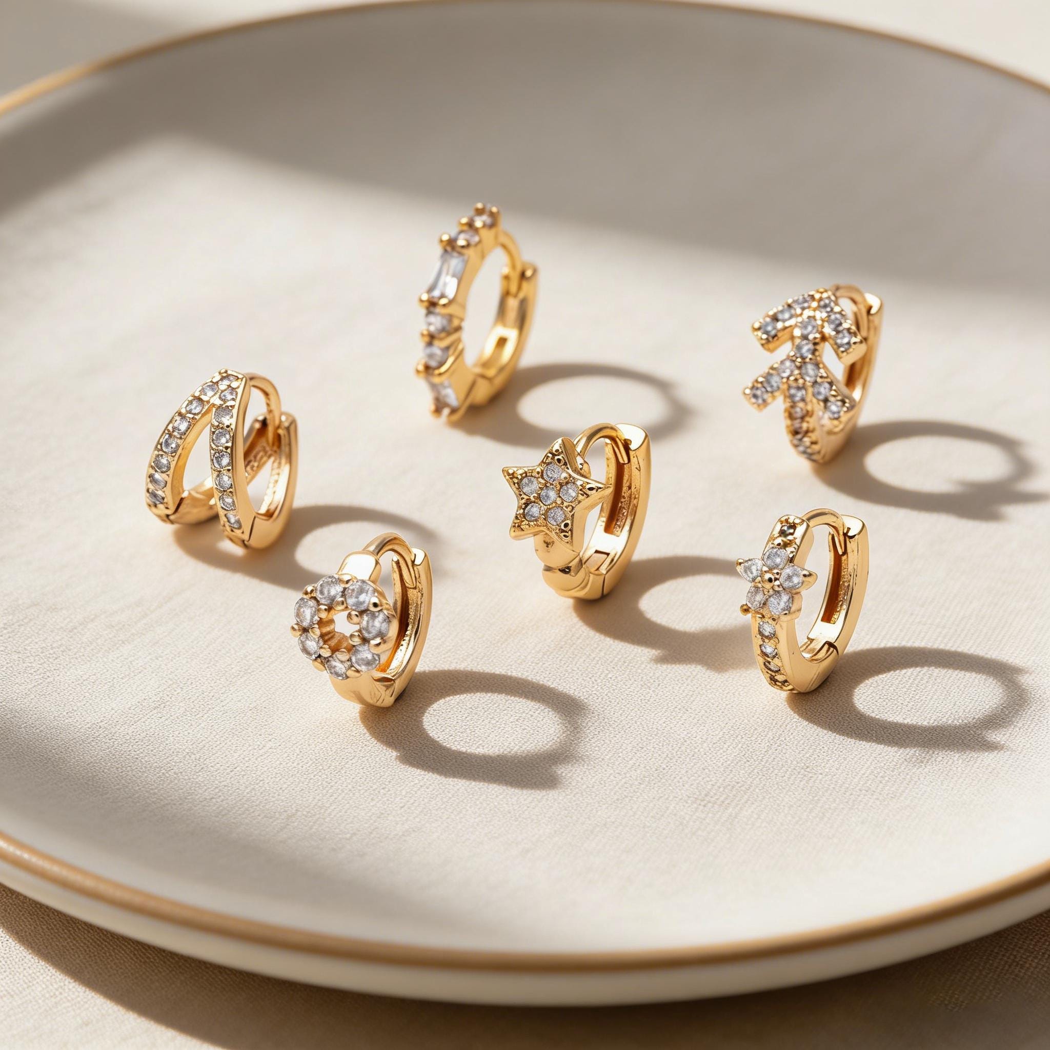 4pcs CZ Pave Tiny Hoop Earrings, Dainty Huggie Earrings, Minimalist Earring, Small Gold Hoops Earring (GB-3399)